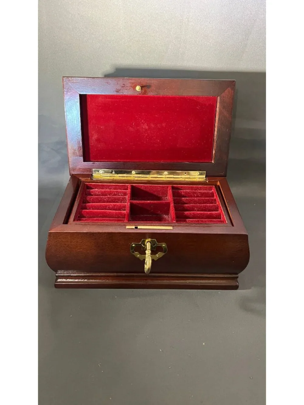 Vintage Wooden Jewelry Box With Red Velvet Interior & Key Closure